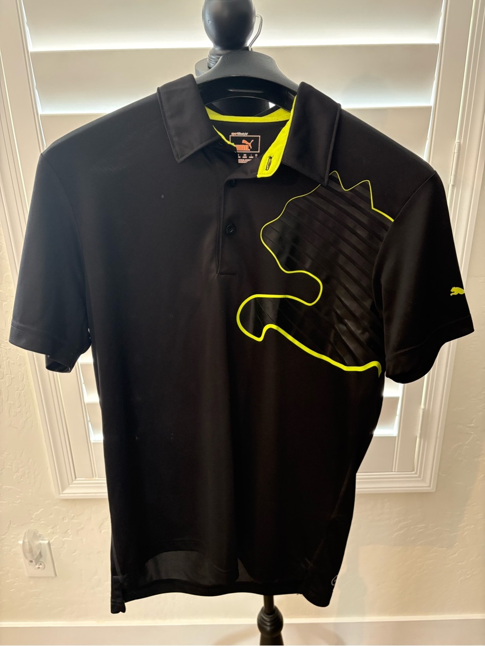 Puma Black Polo with Neon Yellow Outline Puma Cat Graphic